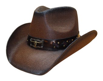 Western Cowboy Straw Hat with Longhorn: Faux Leather Band