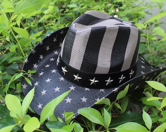 Vintage USA American Flag Western Cowboy Straw Hat for Men or Women
