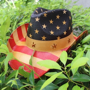 Vintage USA American Flag Western Cowboy Straw Hat for Men or Women