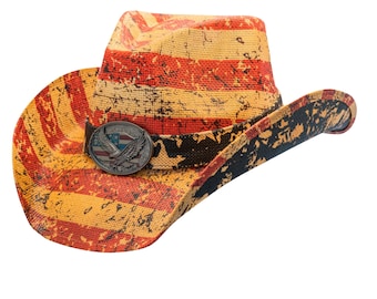 Patriotic Vintage USA Flag Western Hat with Eagle Buckle