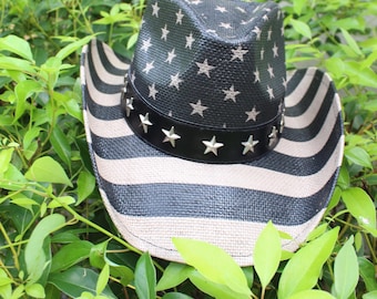 Vintage USA American Flag Western Cowboy Straw Hat for Men or Women