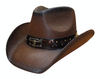 May include: A dark brown straw cowboy hat with a textured weave and a black leather band. The band features a metallic steer skull emblem at the front, accented with small brass-colored studs and a braided leather detail along the sides.