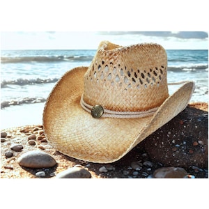 May include: A straw cowboy hat with a decorative band and button sits on a rock at the beach. The hat has a wide brim and a woven design. The background shows the ocean and sky.
