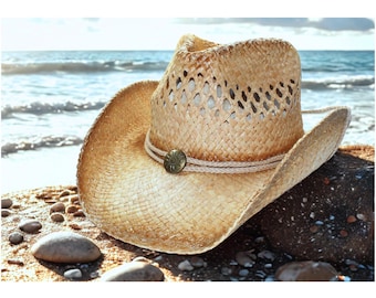VINTAGE Handmade Straw Cowboy Hat Feather Band Summer Sun Panama Raffia Cowgirl VINTAGE Handmade Straw Cowboy Hat Feather Band Summer Sun  main image 3