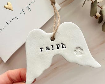 Personalised Memorial Clay Angel Wings, Beloved Lost Pet Gift, Dog /Cat Keepsake  Hanging Decoration, Pet sympathy gift, Pet loss