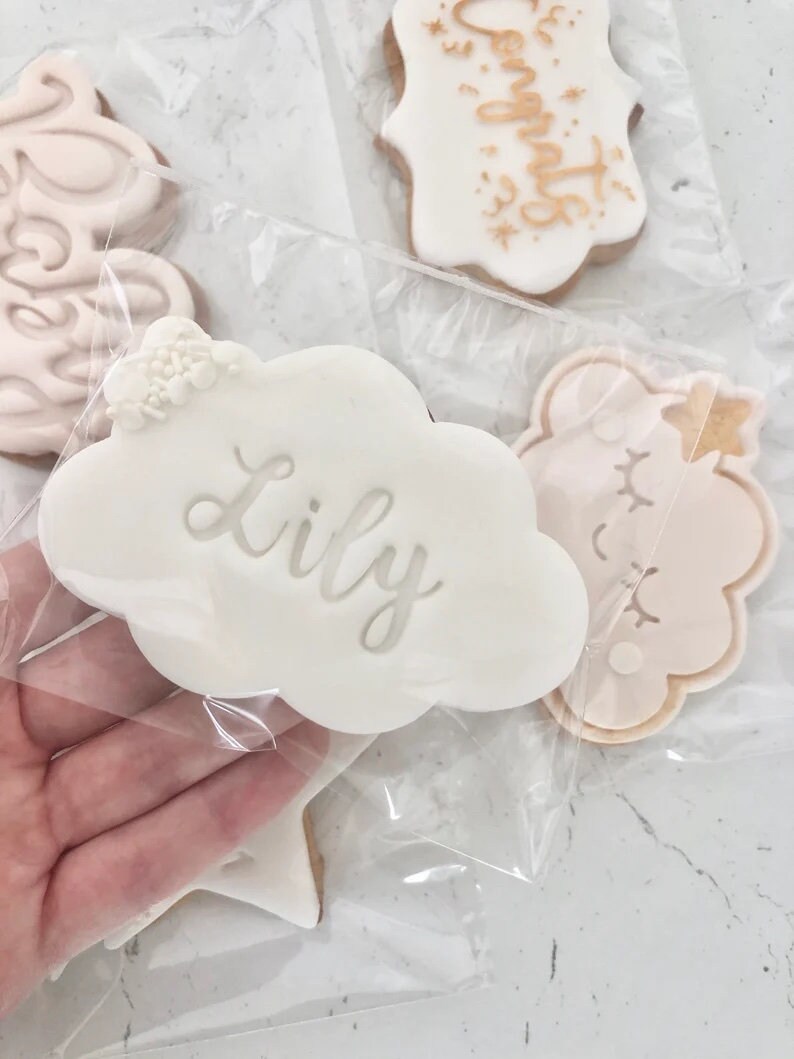 May include: A white cloud-shaped cookie with the name "Lily" written in cursive on it. The cookie is decorated with small white flowers and is packaged in a clear plastic bag.