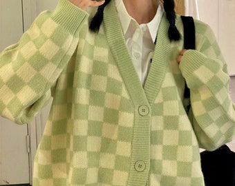 ColorfulSwingDress Check Print Knit Cardigan, Vintage Plaid Loose Sweater, Women Cropped Sweater, Y2k Preppy Style Streetwear Handmade Cardigan