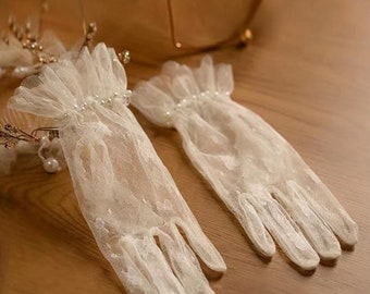 Guantes de boda de perlas, guantes de novia blancos, guantes de noche cortos, decoración de boda, accesorios de boda, guantes formales de evento, fiesta, cosplay