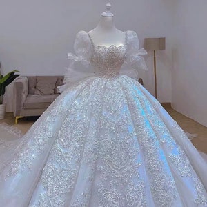 Starry Sky Puffy Wedding Dresses, Luxury Lace Trailing Tail Dress ...