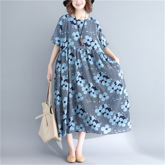 Organic Linen Dress Blue Floral Print Dress Long Swing - Etsy