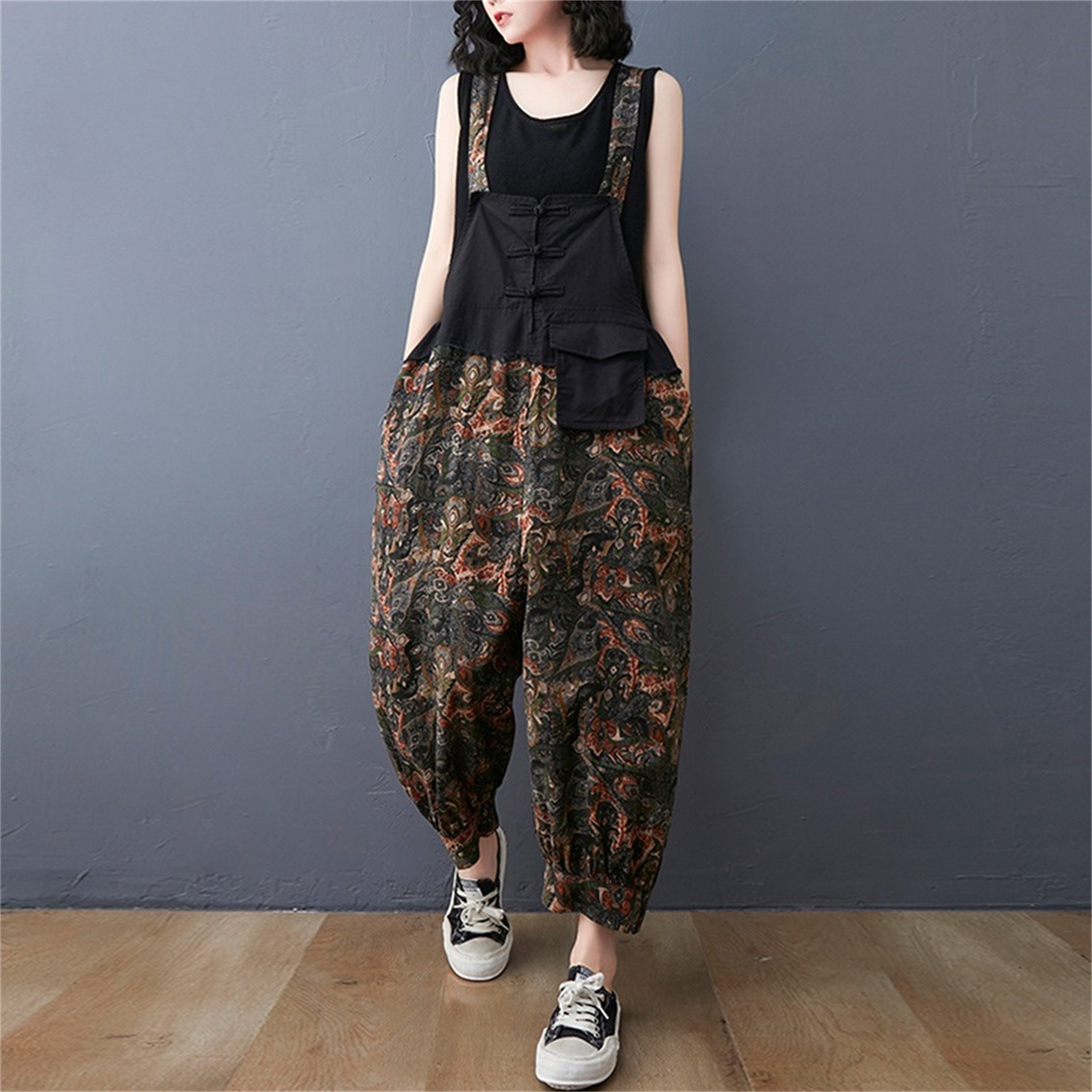 Floral Linen Overalls Bohemian Overalls Loose Fit Jumpsuit Etsy