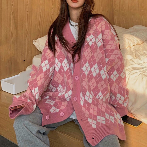Pink Cardigan Plaid Knit Sweater Argyle Cardigan Vintage V - Etsy