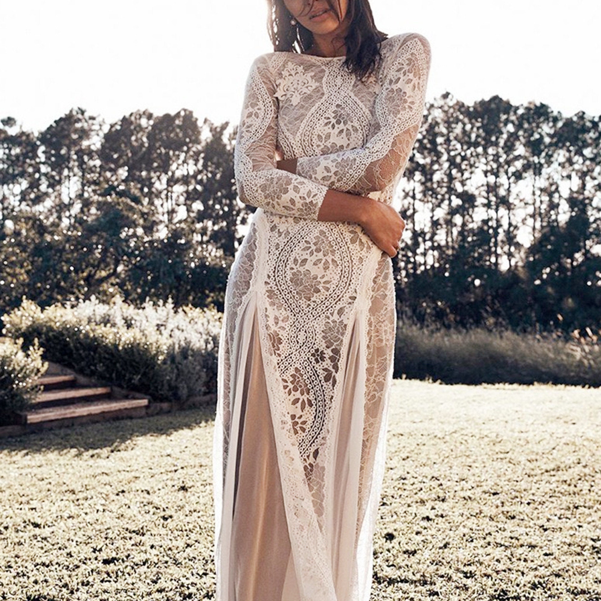 Lace Wedding Dress Long Sleeve Maxi Dress White Beach Dress - Etsy