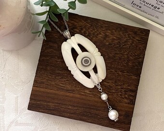 Mother of Pearl Buckle, Button, & Up Cycled Earring Necklace ~ Vintage MOP Buckle, Buttons, Faux  Pearl Earring ~ Handmade Original Pendant