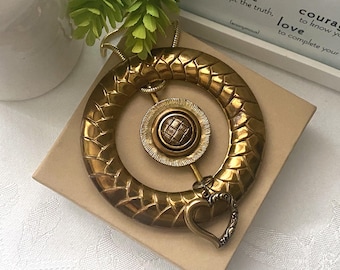 Large Brass Buckle Necklace ~ 3 Inch Buckle, Brass Vintage Buttons, Brass Heart Charm ~ Unique Jewelry ~ Statement Piece ~ Gold Tone Chain