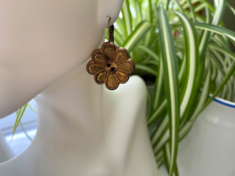 Handmade Antique Brass Button Earrings Brass Flower Button Etsy