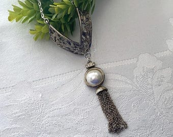 Up Cycled Earrings Necklace ~ Repurposed Jewelry Necklace ~ Filigree Silver, Faux Pearl, Tassel Jewelry ~ Handmade Original Pendant