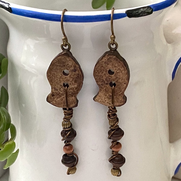 Handmade Wooden Fish Button Earrings ~ Wire Wrapped Beaded Dangle Earrings ~ Coconut Shell ~ Original Design ~Wooden Button Art ~ Unique