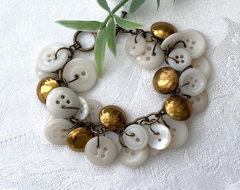Vintage Milk Glass & Brass Button Bracelet ~ White Buttons and Gold Jewelry ~ Handcrafted Button Bracelet ~ Unique Jewelry Gift