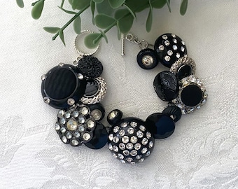 Vintage Rhinestone Button Bracelet ~ Vintage Black Buttons ~ Black Rhinestone Button Bracelet ~ Original Bracelet ~ Handcrafted ~Unique Gift