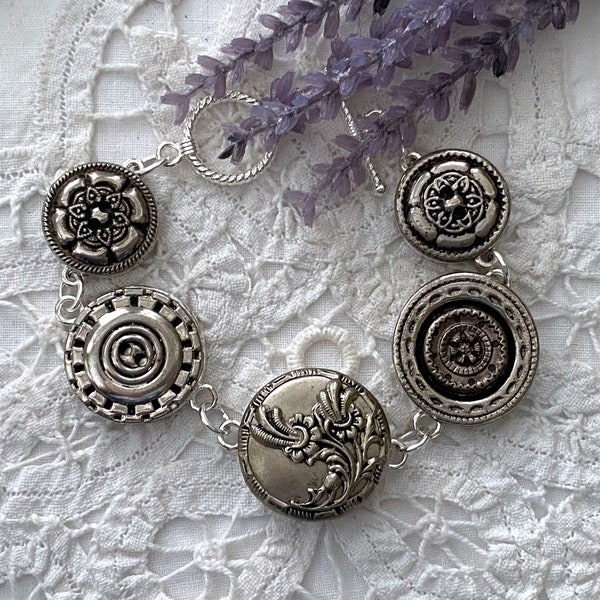 Silver Tone Vintage Button Bracelet ~ Original Design Button Bracelet ~ Antique Button Jewelry ~ Fashion Accessory ~ Handmade ~ Unique Gift