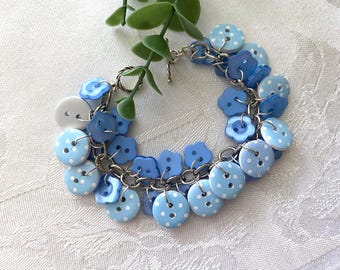 Light Blue Dots & Flowers Handmade Button Bracelet ~ Blue Polka Dot Wooden Buttons and Blue Plastic Flower Buttons ~ Boho Jewelry
