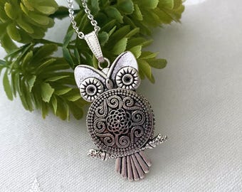 Vintage Button Owl Necklace ~ Silver Tone Owl Pendant ~ One of A Kind Handmade Jewelry ~ Original Gift ~ Owl Collector Gift