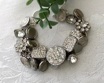 Vintage & Modern Rhinestone Button Bracelet ~ Rhinestone Buttons ~ Silver Tone Buttons ~ Original, Handcrafted Bracelet ~ Unique Gift