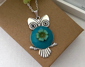 Vintage Turquoise Button Owl Necklace ~ Button Owl Pendant with Czech Bead ~ Button Necklace ~ Original Design ~ Owl Collector Gift