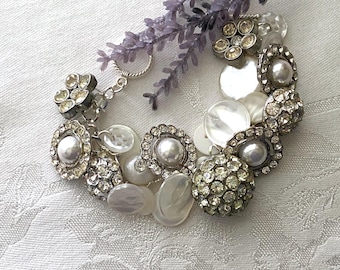 Faux Pearl & Rhinestone Bracelet ~ Vintage Rhinestone Bracelet ~ Vintage and Modern Button Bracelet ~ Handmade Jewelry ~ Up cycled Bracelet