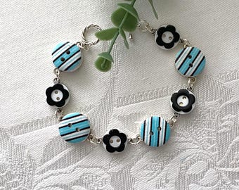 Wooden and Flower Button Bracelet ~ Handmade Button Jewelry ~ Turquoise and Black Bracelet ~ Unique Original Gift