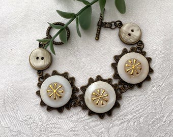 Vintage MOP & Brass Button Bracelet ~ Vintage Button Bracelet ~ Handmade Button Bracelet ~ Handcrafted Unique Gift ~ Original Design