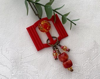 Buckle and Beads Pendant ~ Red Orange Buckle, Beads & Cabochon Necklace ~ Handcrafted Jewelry Original Design ~ Handcrafted Unique Gift