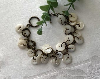 Vintage Milk Glass Button Bracelet ~ MOP Like White Button Bracelet ~ Unique Design ~ Decorative Link Bracelet ~ Handcrafted Button Jewelry