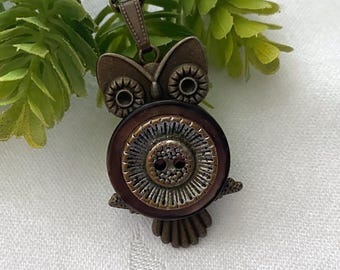 Vintage Brass Button Owl Necklace ~ Brass Owl Pendant ~ Button Necklace ~ Original Design ~ Owl Collector Gift ~ One of A Kind Necklace
