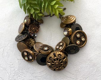 Vintage Brass Button Bracelet ~ Brass & Rhinestone Button Bracelet ~ Unique Design ~ Handcrafted Button Jewelry ~ Statement Jewelry