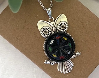 Black Glass Button Owl Necklace ~ Black Owl Pendant ~ One of A Kind Handmade Jewelry ~ Original Gift ~ Owl Collector Gift