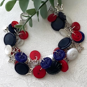 4th of July Handmade Button Bracelet ~ Red, White, Blue Vintage and Modern Buttons ~ Star Charms ~ Patriotic Jewelry ~ Summer Bracelet