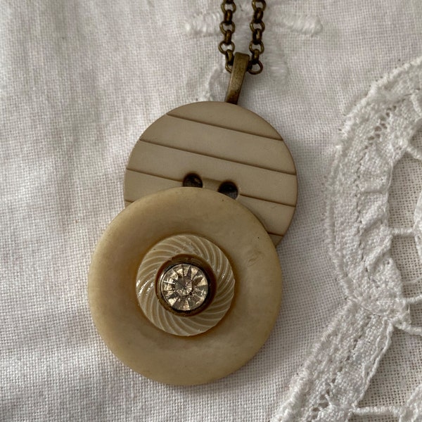 Vintage Button Pendant ~ Antique Blonde Button and Rhinestone Necklace ~ Vintage Button Jewelry ~ Handmade Original Jewelry ~ Unique Gift