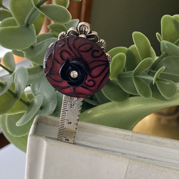 Vintage Red and Black Button Bookmark ~ Metal Ruler Bookmark ~ Button Art ~ Seamstress, Bookworm Gift ~ Unique Gift for Her ~ One of a Kind