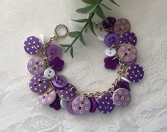 Purple Dots & Flowers Handmade Button Bracelet ~ Blue Polka Dot Wooden Buttons and Purple Plastic Flower Buttons ~ Boho Jewelry