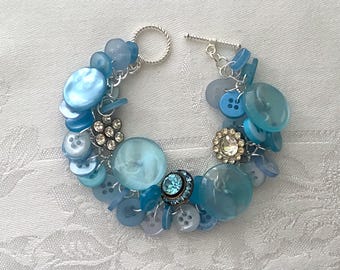 Light Blue Turquoise Button Bracelet ~ Vintage & Modern Buttons ~ Rhinestones  ~ Original Bracelet ~ Handmade Jewelry ~ Unique Button Gift