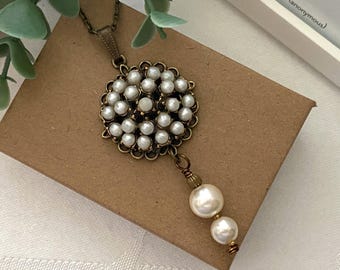 Vintage Pearl Button Necklace ~ Multiple Pearl Button Pendant ~ Wire Wrapped Pearl Beads - Handmade Original Design ~ One of a Kind Gift