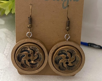 Wood & Vintage Brass Button Earrings ~ Art Deco Style ~ Dangle Earrings ~ Handmade Original Jewelry ~ Unique Gift ~ Fall Jewelry