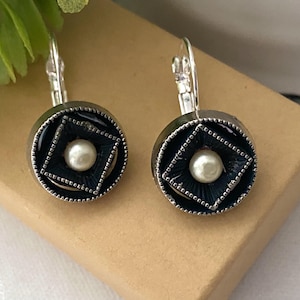 Silver & Pearl Button Earrings ~ Vintage Button Earrings ~ Black Button Earrings ~ Handcrafted Earrings ~ Original Design ~ Unique Gift