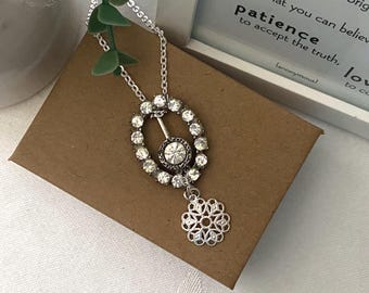 Vintage Rhinestones Slide Necklace ~ Rhinestone Slide ~ Rhinestone Button Pendant ~ Handcrafted Unique Gift ~ Bling Necklace