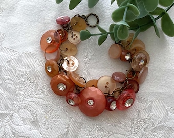 Shades of Peach Button Bracelet ~ Vintage & Modern Buttons ~ Rhinestone Jewelry ~ Original Bracelet ~ Handmade Jewelry ~ Unique Button Gift