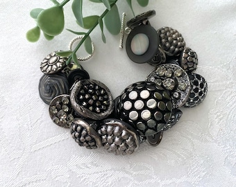 Black & Silver Glass Button Bracelet ~ Chunky Black Button Bracelet ~ Unique Design ~ Handcrafted Button Jewelry ~ Statement Jewelry