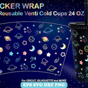 Sticker espace mignon sans emballage pour coupe froide 24 OZ, Kawaii Galaxy Constellation Wrap SVG, clipart céleste coupe fichier Cricut Silhouette