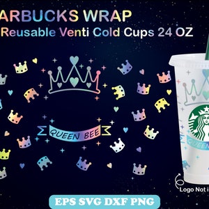 Puede incluir: Un diseño digital para una envoltura de vaso frío reutilizable de Starbucks con una corona iridiscente arcoíris con el texto "Queen Bee" y una dispersión de coronas más pequeñas. El diseño es para un vaso Venti de 24 onzas.